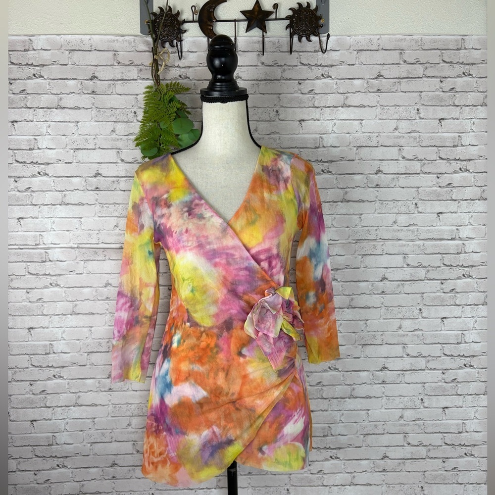 Vintage Y2K Watercolor Mesh Sheer Wrap 3/4 Sleeve Blouse